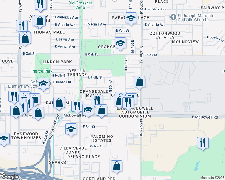 map of restaurants, bars, coffee shops, grocery stores, and more near 1810 North 51st Street in Phoenix