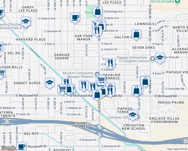 map of restaurants, bars, coffee shops, grocery stores, and more near 1809 North 32nd Street in Phoenix
