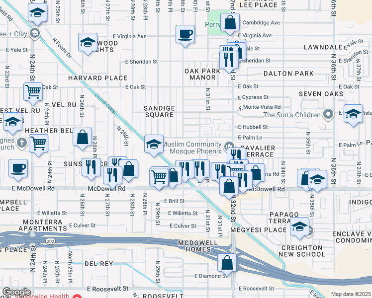 map of restaurants, bars, coffee shops, grocery stores, and more near 3002 East Coronado Road in Phoenix