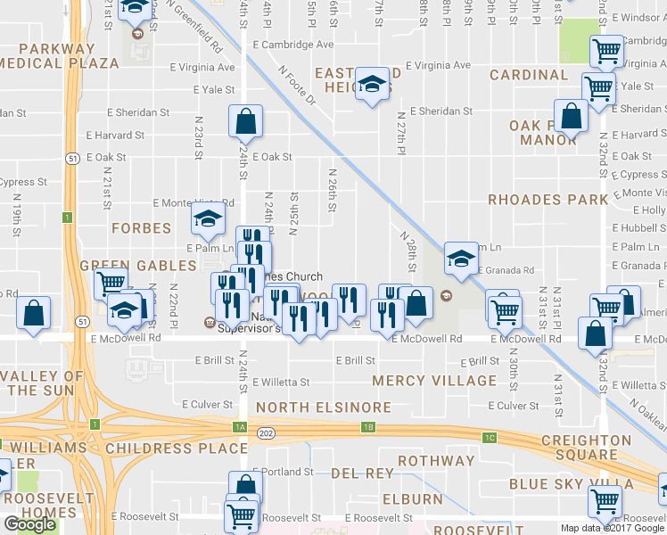 map of restaurants, bars, coffee shops, grocery stores, and more near 1817 North 25th Place in Phoenix