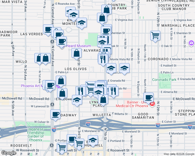 map of restaurants, bars, coffee shops, grocery stores, and more near 360 East Coronado Road in Phoenix