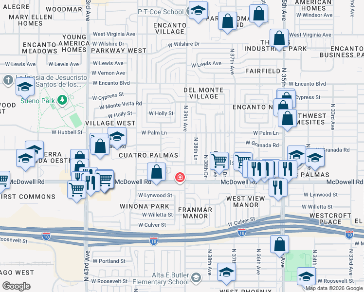 map of restaurants, bars, coffee shops, grocery stores, and more near 1807 North 39th Avenue in Phoenix