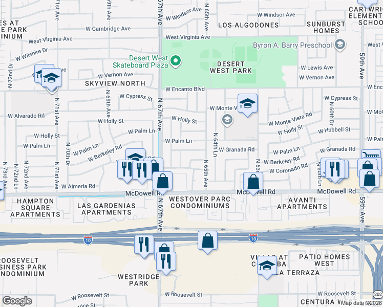 map of restaurants, bars, coffee shops, grocery stores, and more near 6507 West Berkeley Road in Phoenix