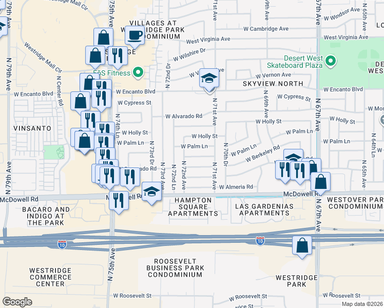 map of restaurants, bars, coffee shops, grocery stores, and more near 7134 West Berkeley Road in Phoenix