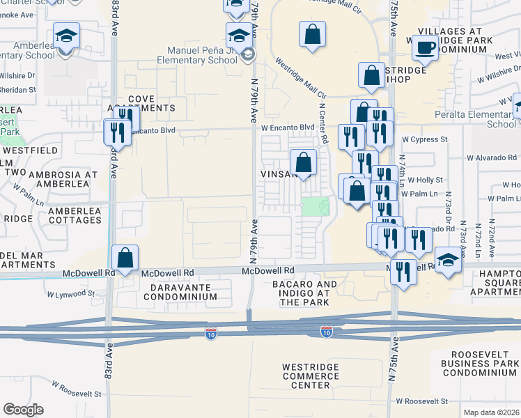 map of restaurants, bars, coffee shops, grocery stores, and more near 7851 West Palm Lane in Phoenix