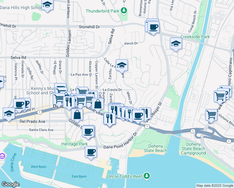 map of restaurants, bars, coffee shops, grocery stores, and more near 34071 El Contento in Dana Point