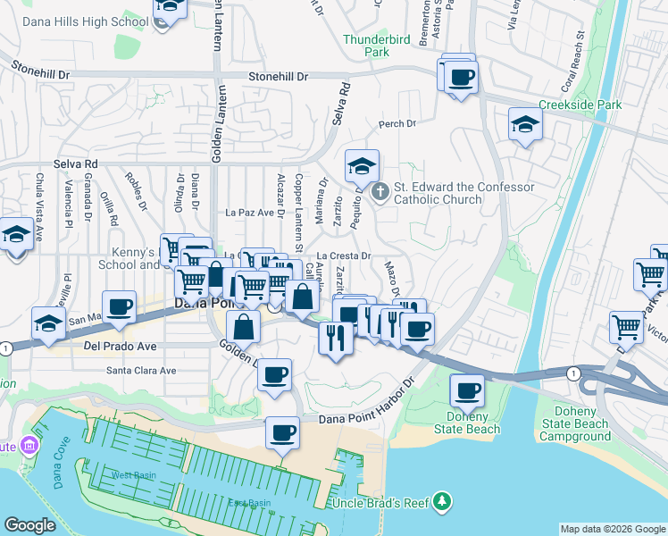map of restaurants, bars, coffee shops, grocery stores, and more near 34071 El Contento in Dana Point