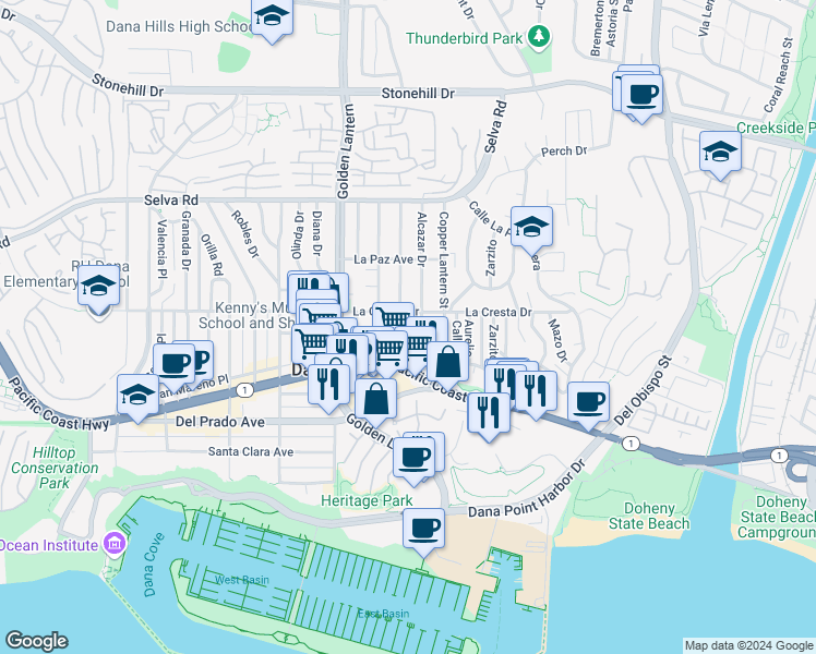 map of restaurants, bars, coffee shops, grocery stores, and more near 34082 Alcazar Drive in Dana Point