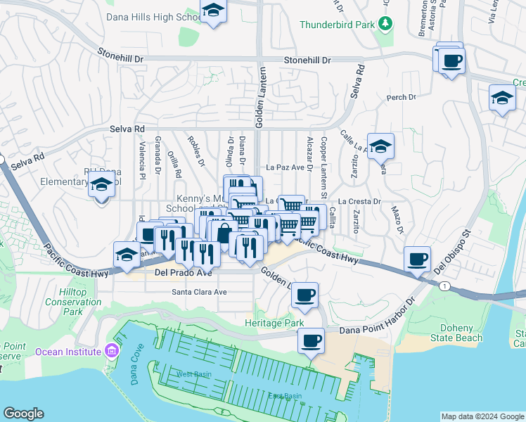 map of restaurants, bars, coffee shops, grocery stores, and more near 34081 Colegio Drive in Dana Point
