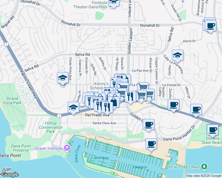 map of restaurants, bars, coffee shops, grocery stores, and more near 34071 Violet Lantern Street in Dana Point