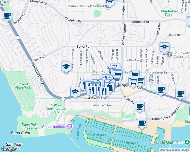 map of restaurants, bars, coffee shops, grocery stores, and more near 34072 Street of the Amber Lantern in Dana Point