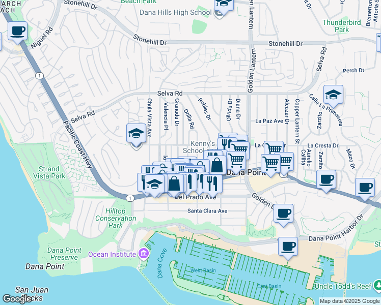 map of restaurants, bars, coffee shops, grocery stores, and more near 34072 Granada Drive in Dana Point