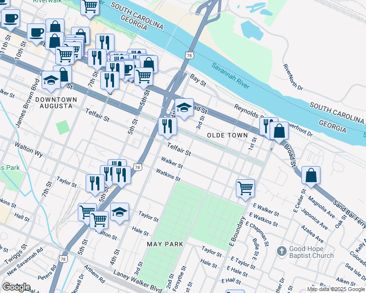 map of restaurants, bars, coffee shops, grocery stores, and more near 260 Telfair Street in Augusta