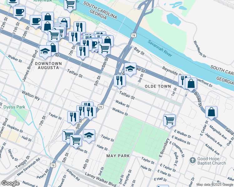 map of restaurants, bars, coffee shops, grocery stores, and more near 323 Walker Street in Augusta