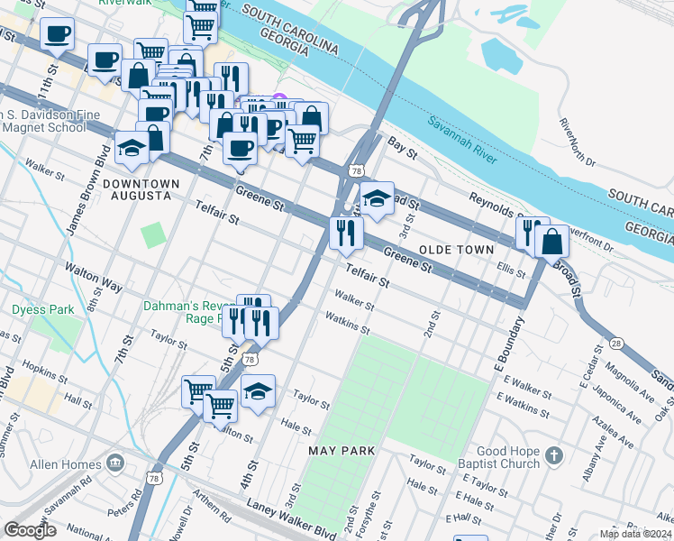 map of restaurants, bars, coffee shops, grocery stores, and more near 403 Walker Street in Augusta