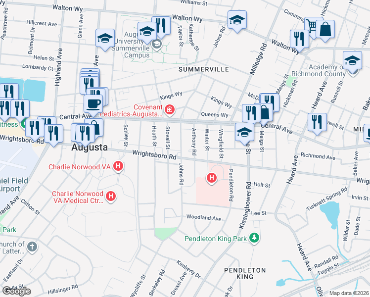 map of restaurants, bars, coffee shops, grocery stores, and more near 2279 Wrightsboro Road in Augusta