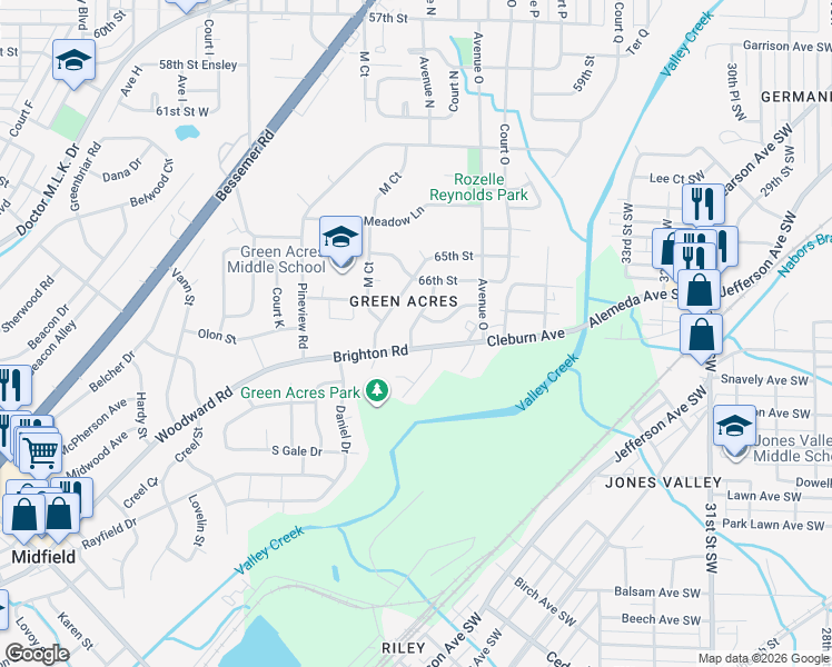 map of restaurants, bars, coffee shops, grocery stores, and more near 1413 Brighton Road in Birmingham