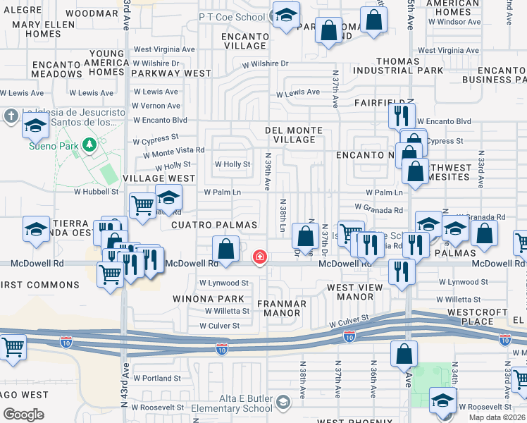 map of restaurants, bars, coffee shops, grocery stores, and more near 1807 North 39th Avenue in Phoenix