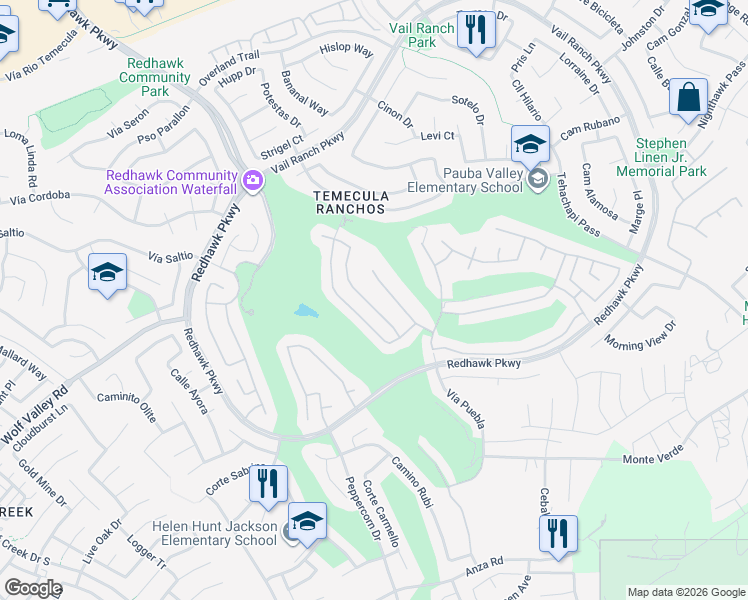 map of restaurants, bars, coffee shops, grocery stores, and more near 45290 Willowick Street in Temecula