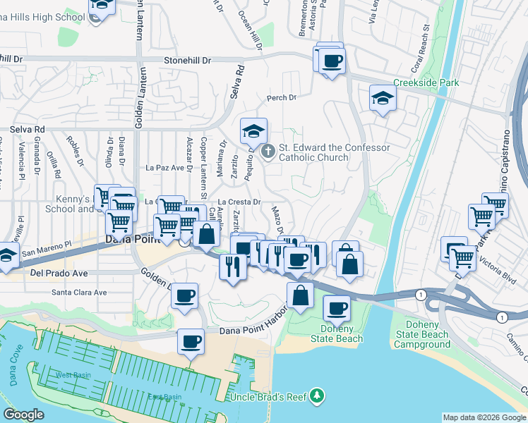 map of restaurants, bars, coffee shops, grocery stores, and more near 34032 Crystal Lantern in Dana Point