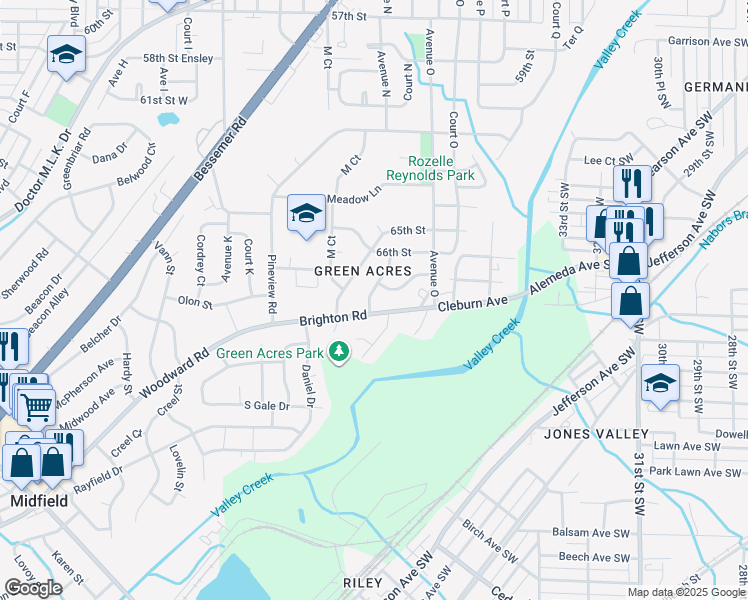 map of restaurants, bars, coffee shops, grocery stores, and more near 1413 Brighton Road in Birmingham