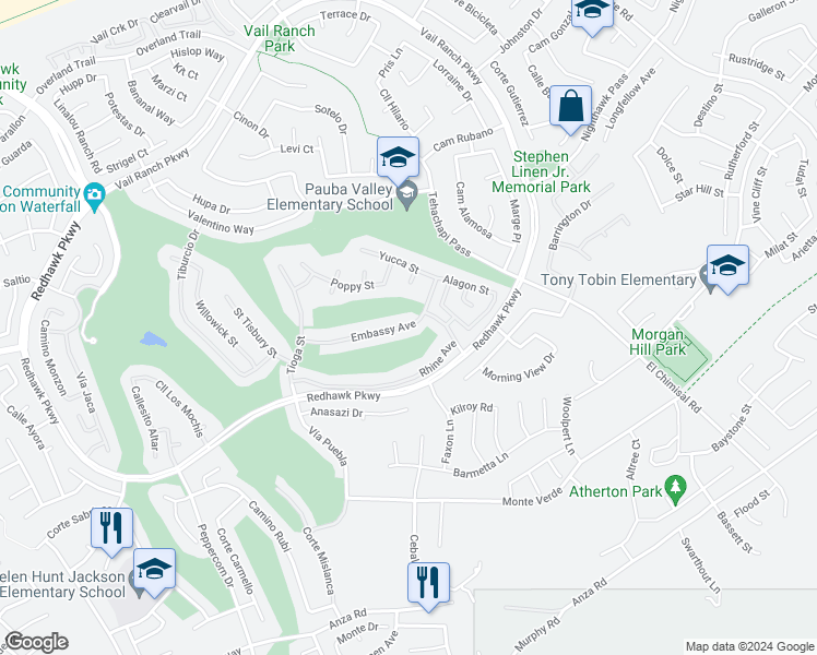 map of restaurants, bars, coffee shops, grocery stores, and more near 33251 Embassy Avenue in Temecula