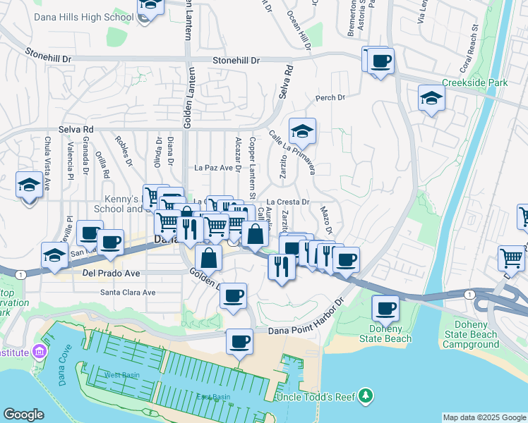 map of restaurants, bars, coffee shops, grocery stores, and more near 34032 Callita in Dana Point