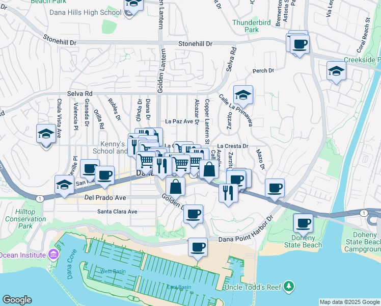 map of restaurants, bars, coffee shops, grocery stores, and more near 34032 Malaga Drive in Dana Point