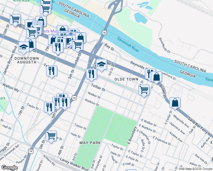 map of restaurants, bars, coffee shops, grocery stores, and more near 260 Telfair Street in Augusta