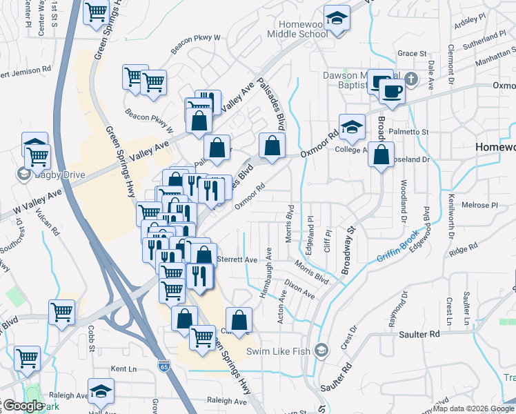 map of restaurants, bars, coffee shops, grocery stores, and more near 601 Forest Drive in Birmingham