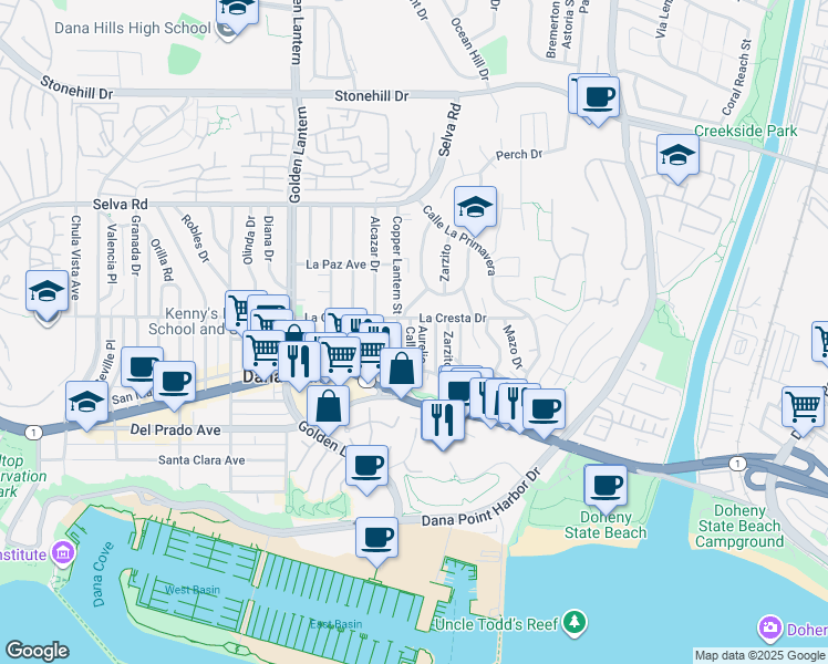 map of restaurants, bars, coffee shops, grocery stores, and more near 34032 Callita in Dana Point