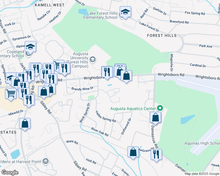 map of restaurants, bars, coffee shops, grocery stores, and more near 3209 Summerchase Circle in Augusta