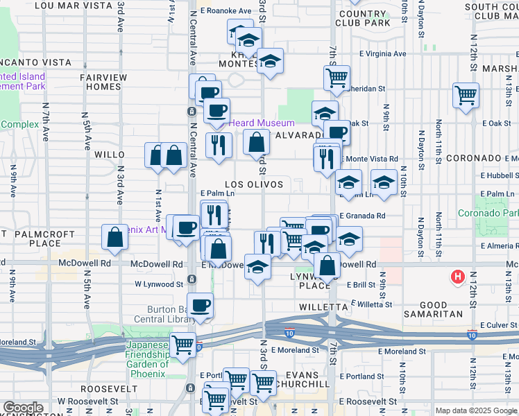 map of restaurants, bars, coffee shops, grocery stores, and more near 141 E Palm Ln in Phoenix