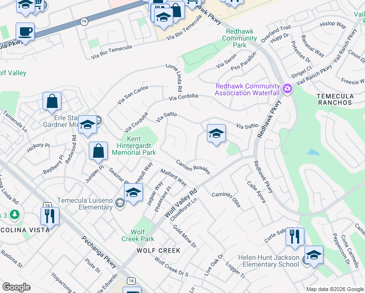 map of restaurants, bars, coffee shops, grocery stores, and more near 45412 Corte Progreso in Temecula