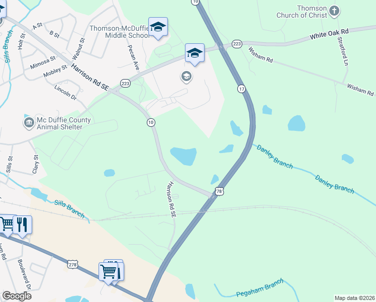 map of restaurants, bars, coffee shops, grocery stores, and more near 1437 Harrison Road Southeast in Thomson