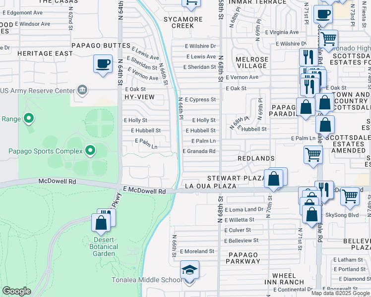 map of restaurants, bars, coffee shops, grocery stores, and more near 6638 East Coronado Road in Scottsdale