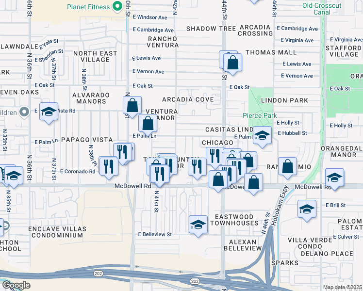 map of restaurants, bars, coffee shops, grocery stores, and more near 4148 East Coronado Road in Phoenix