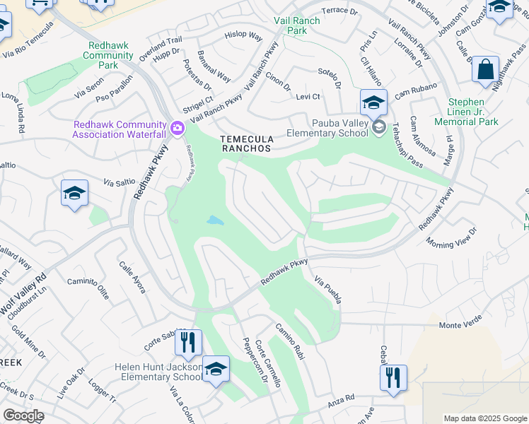 map of restaurants, bars, coffee shops, grocery stores, and more near 45290 Willowick Street in Temecula