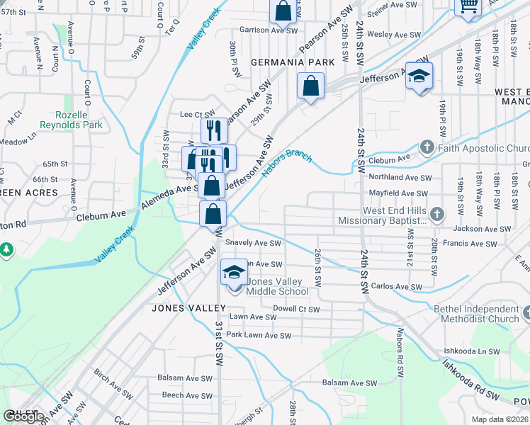 map of restaurants, bars, coffee shops, grocery stores, and more near 2825 Brookhaven Avenue Southwest in Birmingham