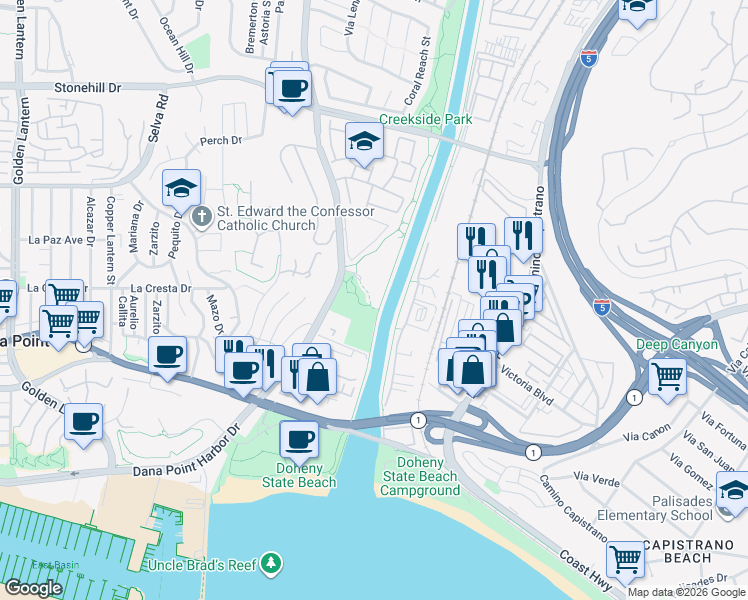 map of restaurants, bars, coffee shops, grocery stores, and more near 25611 Quail Run in Dana Point