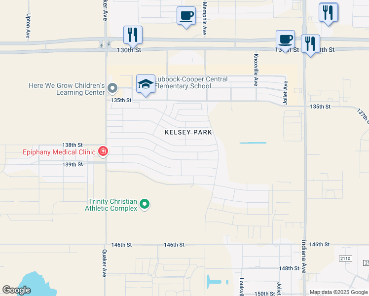 map of restaurants, bars, coffee shops, grocery stores, and more near 3814 139th Street in Lubbock