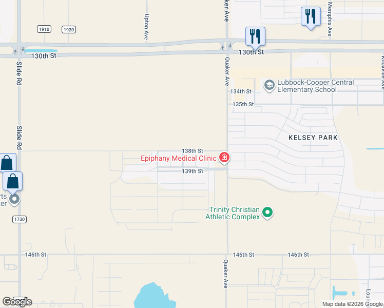 map of restaurants, bars, coffee shops, grocery stores, and more near 14002 Quaker Avenue in Lubbock
