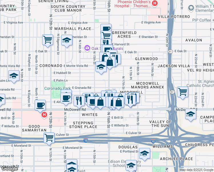 map of restaurants, bars, coffee shops, grocery stores, and more near 1526 East Coronado Road in Phoenix