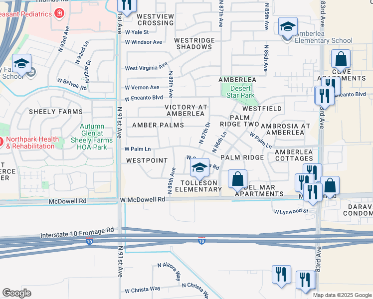 map of restaurants, bars, coffee shops, grocery stores, and more near 1829 North 88th Avenue in Phoenix