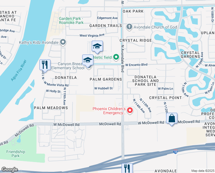 map of restaurants, bars, coffee shops, grocery stores, and more near 11606 West Palm Lane in Avondale