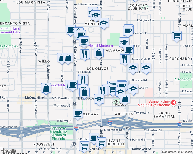 map of restaurants, bars, coffee shops, grocery stores, and more near in Phoenix