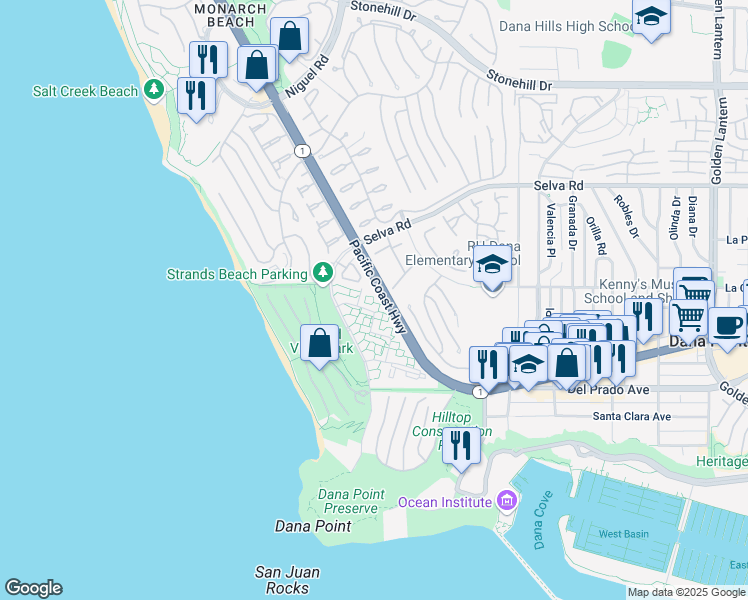 map of restaurants, bars, coffee shops, grocery stores, and more near 34110 Selva Road in Dana Point