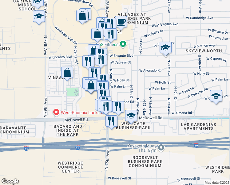 map of restaurants, bars, coffee shops, grocery stores, and more near 1808 North 74th Avenue in Phoenix
