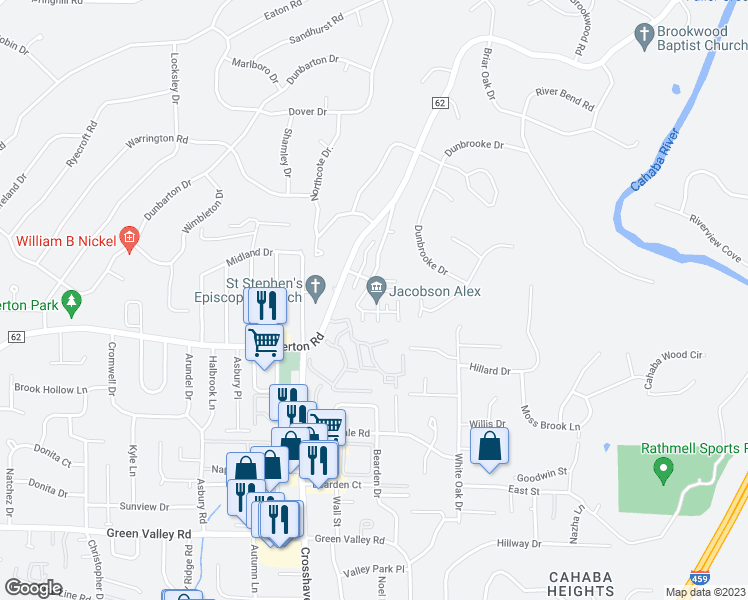 map of restaurants, bars, coffee shops, grocery stores, and more near 1405 Saint James Court in Vestavia Hills