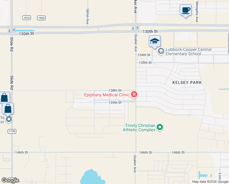 map of restaurants, bars, coffee shops, grocery stores, and more near 14002 Quaker Avenue in Lubbock